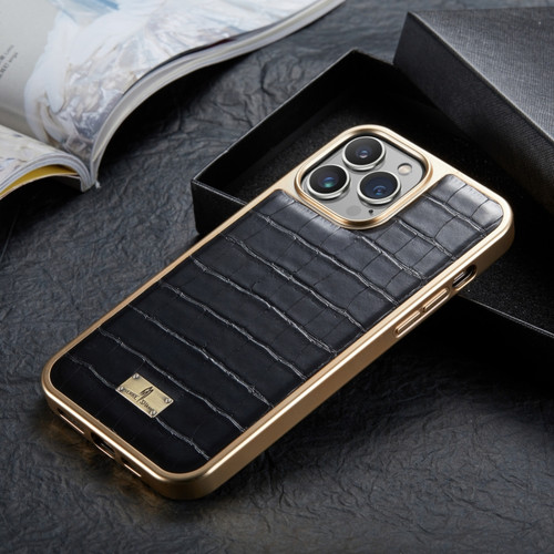 iPhone 12 / 12 Pro Fierre Shann Crocodile Texture Electroplating PU Phone Case - Black
